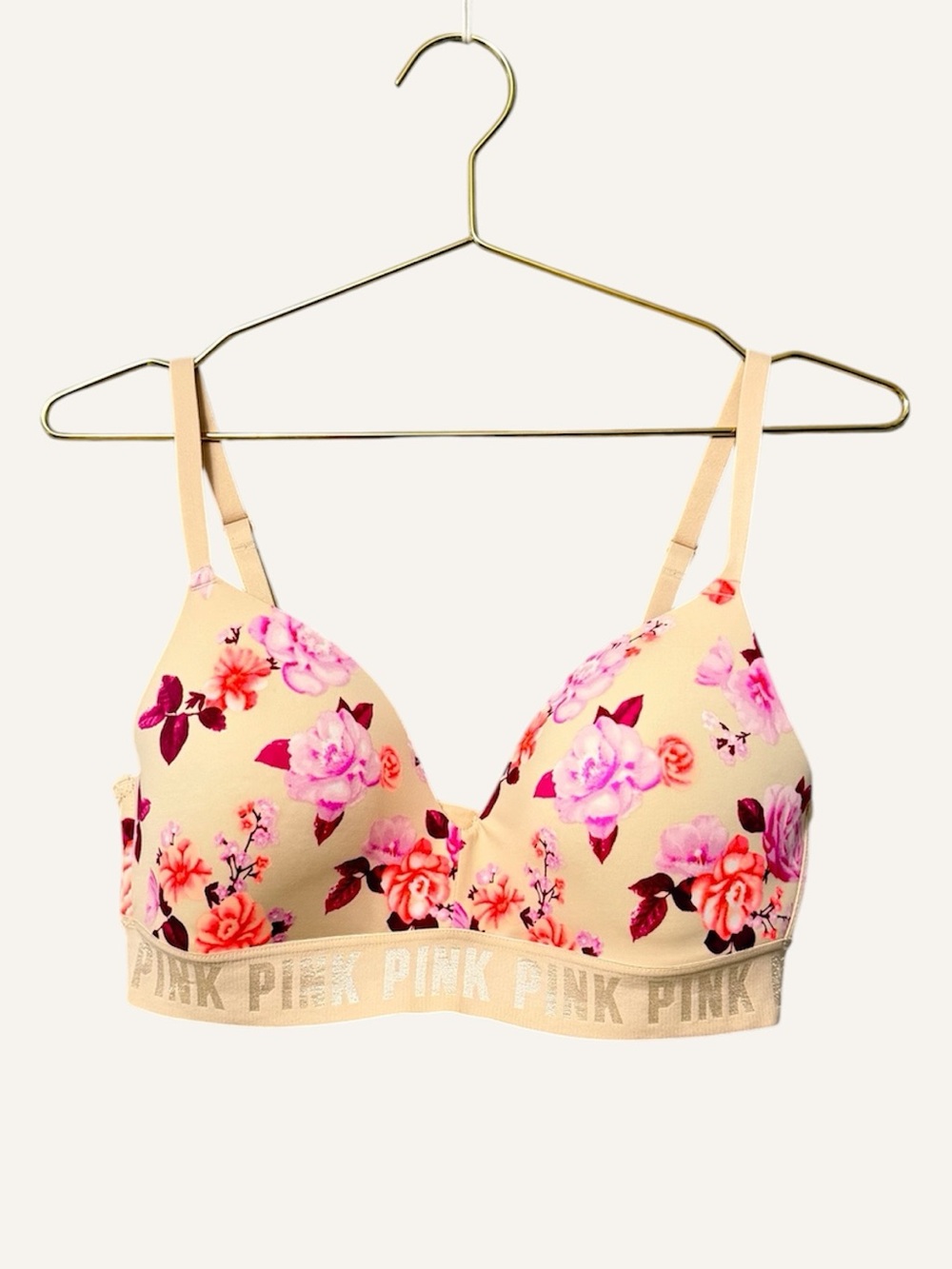 Victoria's Secret Pink Floral Wireless Bra Size 36C Tan Pink Lightly Lined